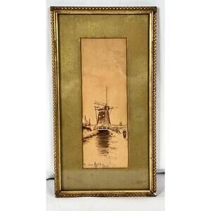 Antique Louis Apal Dutch Windmill Original Watercolor Gold Ornate Frame RARE